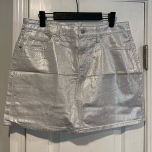 NWT Old Navy Size 10 Silver Shine Metallic Zip Stretch Denim A Line Mini Skirt